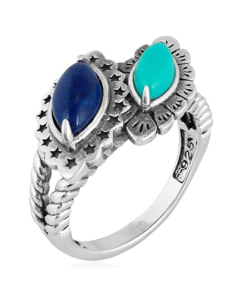 Sterling Silver Night and Day Lapis Lazuli and Sleeping Beauty Turquoise Gemstone Bypass Ring, Size 5