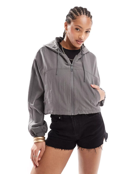 Pull&Bear cropped boxy nylon look hooded jacket in grey