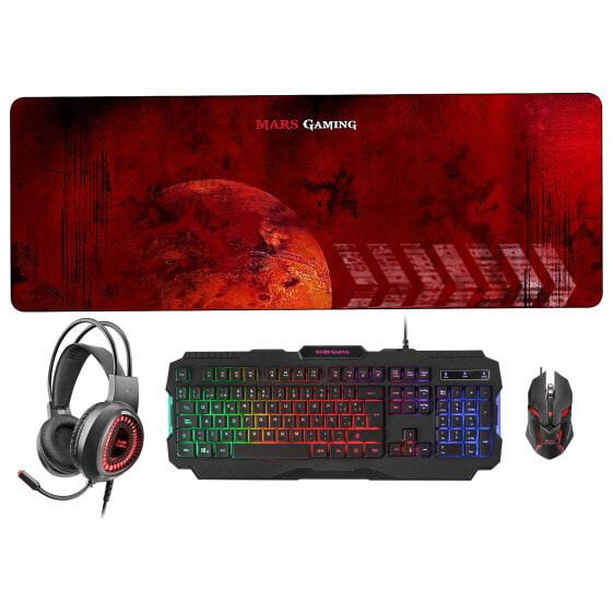Mars Gaming MCPRGB2FR Combo Gaming Keyboard Mouse XXL Mousepad and Headset French Language - USB - Membrane - AZERTY - RGB LED - Black - Mouse included