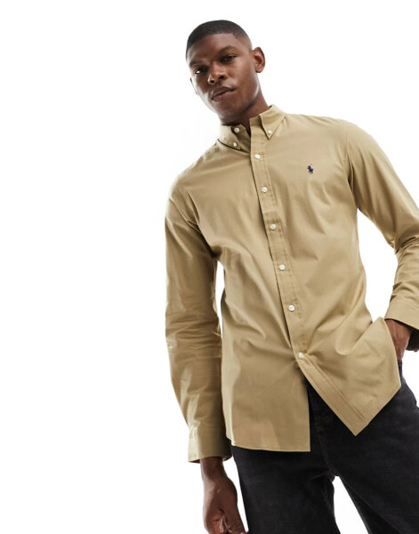 Polo Ralph Lauren icon logo slim fit stretch poplin shirt in tan