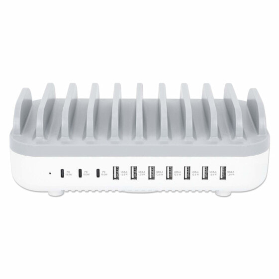 Manhattan Charging Station - 10x Ports: 3x USB-C (up to 18W PD) and 7x USB-A (up to 12W) - 120W Total Output - White/Grey - Three Year Warranty - Box - Desktop mounted - Plastic - White - Contact - Table - 1.5 m