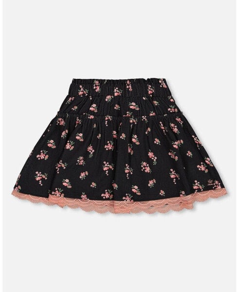 Big Girls Printed Flowers Flare Viscose Skirt Black