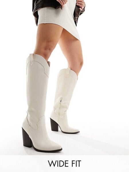 ASOS DESIGN Wide Fit Claudia western knee boots in off white