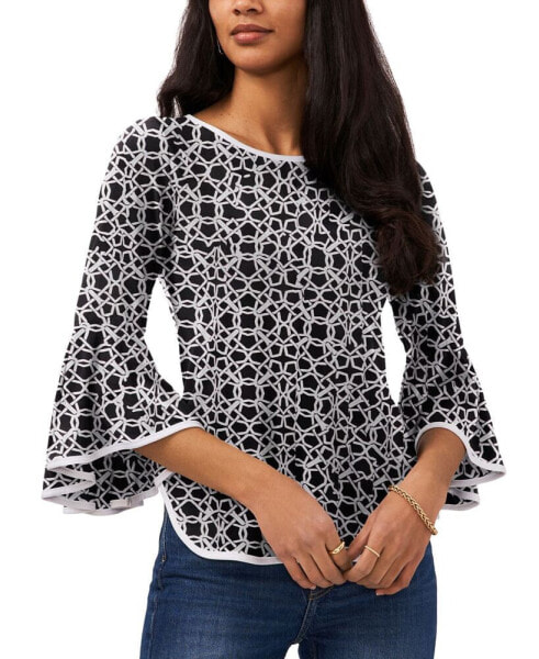Petite Floral-Print Bell-Sleeve Piped Top