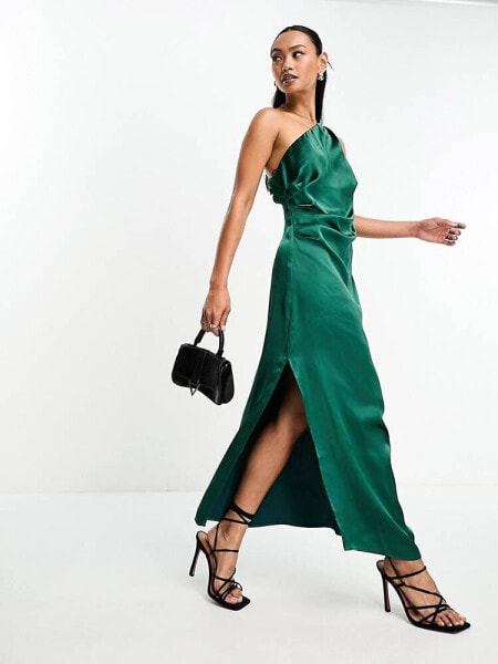 Pretty Lavish asymmetric ruched satin midaxi dress in emerald