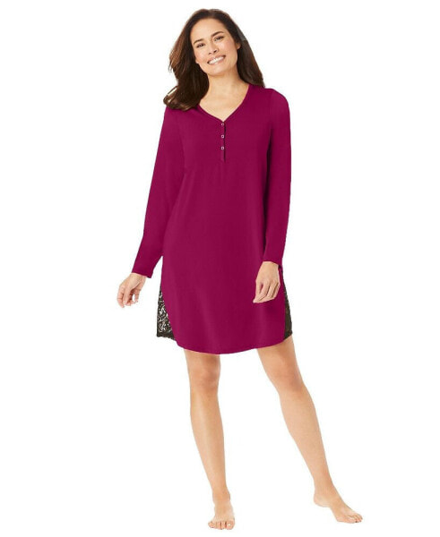 Plus Size Henley Sleepshirt With Lace Detail - 5X, Pomegranate
