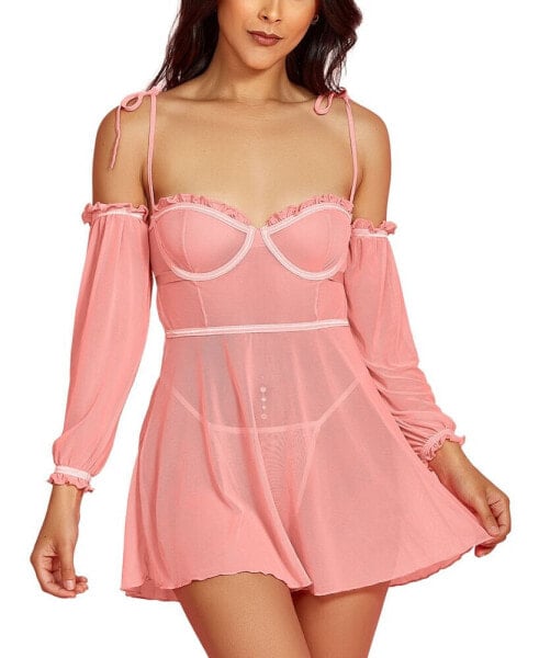 Women’s 2PC Babydoll Lingerie Set in Sheer Soft Mesh and Attached off the Shoulder Sleeves