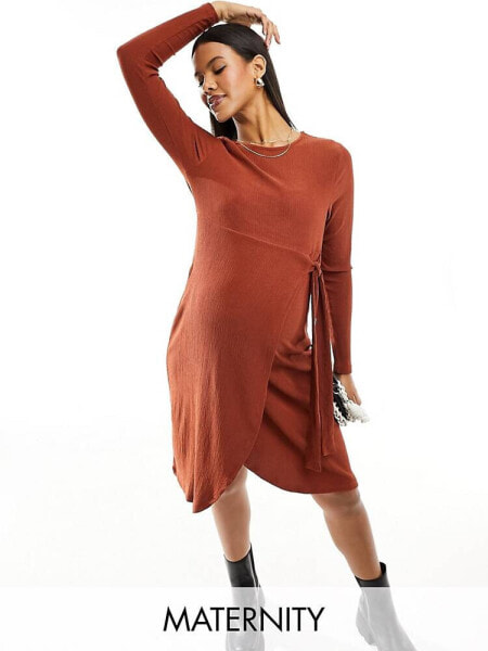 Mamalicious Maternity mini dress with wrap skirt detail in brick