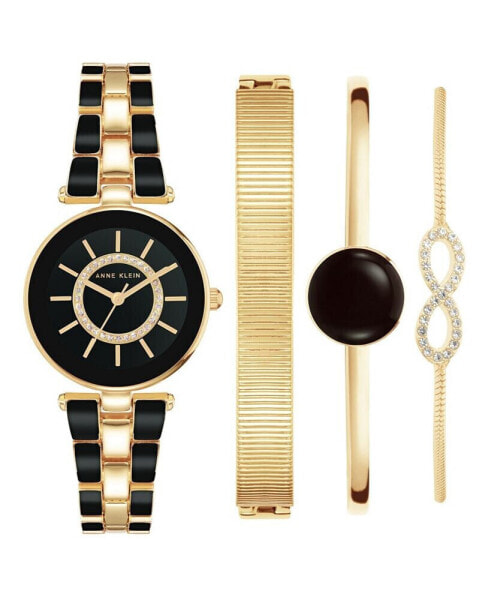 Women's Gold-Tone Alloy Bracelet with Black Enamel and Crystal Accents Fashion Watch 34mm Set 4 Pieces