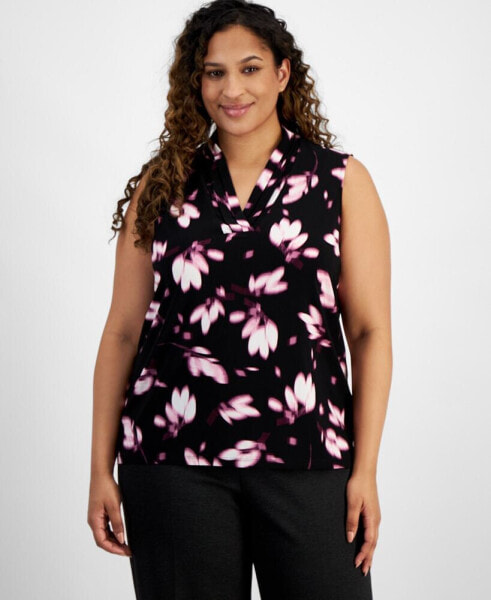 Plus Size Printed Triple-Pleat V-Neck Top