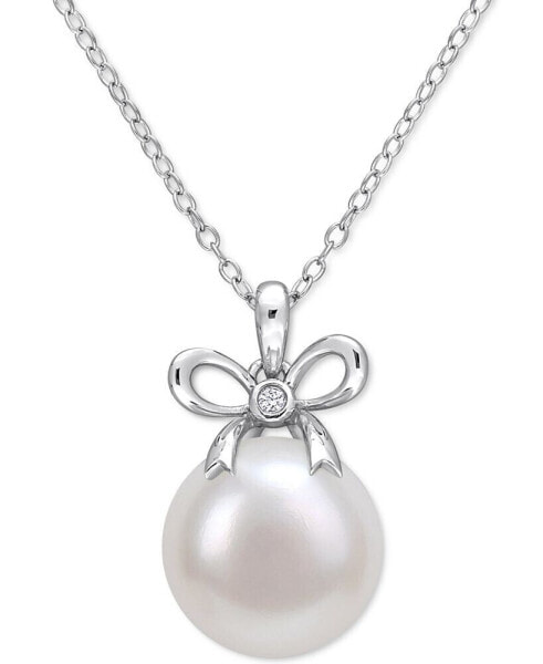 Macy's cultured Freshwater Pearl (12mm) & Lab-Created White Sapphire Accent Bow 18" Pendant Necklace in Sterling Silver