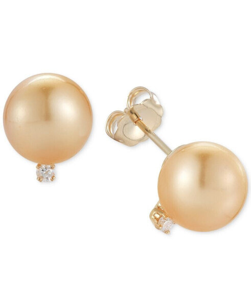 Cultured Golden South Sea Pearl (9mm) and Diamond Accent Stud Earrings in 14k Gold