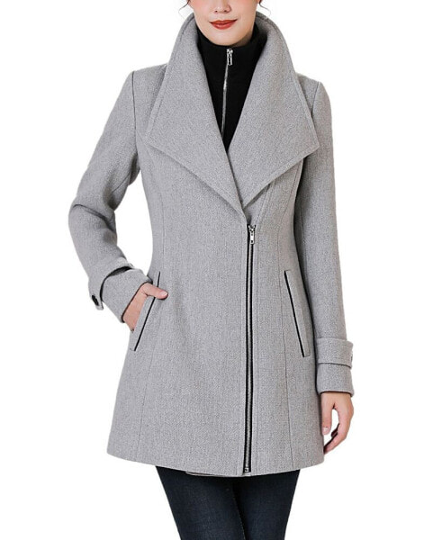 Women's Jane Asymmetric Zipper Boucle Wool Coat with Removable Bib