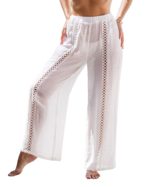 Women's White Crosshatch Cutout Straight Leg Cover-Up Pants
