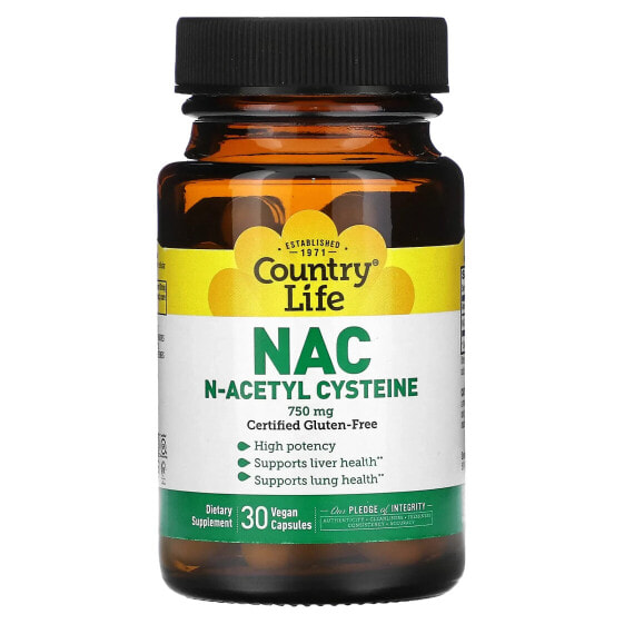 Антиоксидант Country Life NAC, N-Acetyl Cysteine, 750 мг, 60 веганских капсул