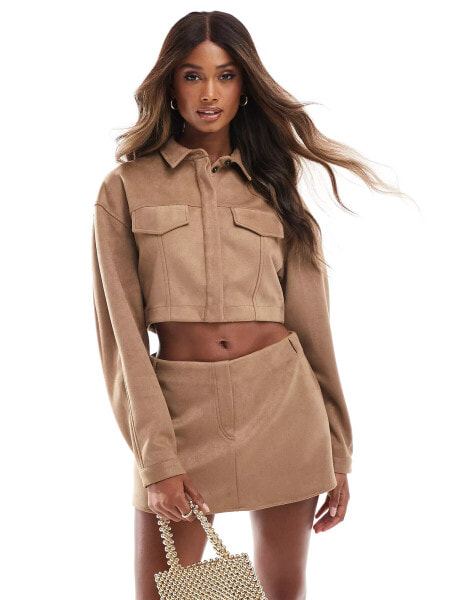 ASOS DESIGN faux suede crop shirt co-ord in tan