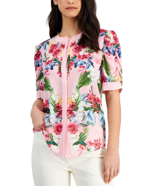 Women's Floral Ruched-Sleeve Top