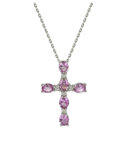Pink Sapphire & Lab-Grown White Sapphire Oval Cut Cross Pendant Necklace in Sterling Silver by Suzy Levian