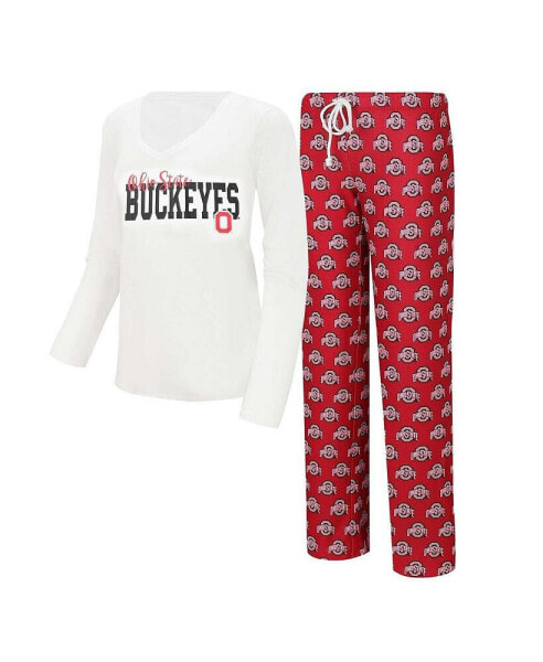 Women's White, Scarlet Ohio State Buckeyes Long Sleeve V-Neck T-shirt and Gauge Pants Sleep Set