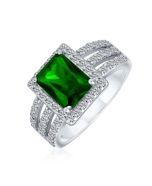 Art Deco Style 3CT Rectangle CZ Green Emerald Cut Halo Promise Ring For Women Wide Band Sterling Silver