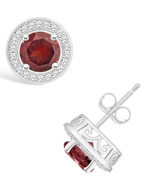 Garnet (2-1/5 ct. t.w.) and Diamond (1/5 ct. t.w.) Halo Studs in Sterling Silver