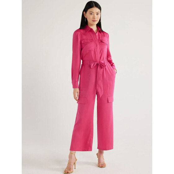 Scoop Wide Leg Satin Jumpsuit with Cargo Pockets Women Pink 100% Polyester