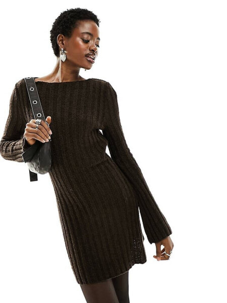 COLLUSION knitted texture slash mini dress in chocolate