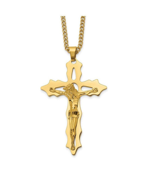 Yellow IP-plated Cutout Crucifix Pendant Curb Chain Necklace