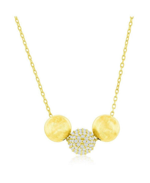 Gold Plated Over Sterling Silver Triple Bead Matte CZ Necklace
