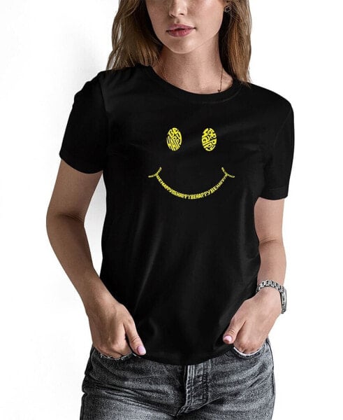 Women's Be Happy Smiley Face Word Art T-shirt