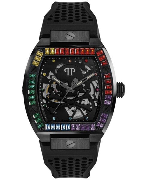 Men's Automatic The $keleton Rainbow Crystal and Black Silicone Strap Watch 44mm