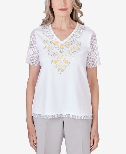 Petite Charleston Embroidered Cut Out Sleeve Top