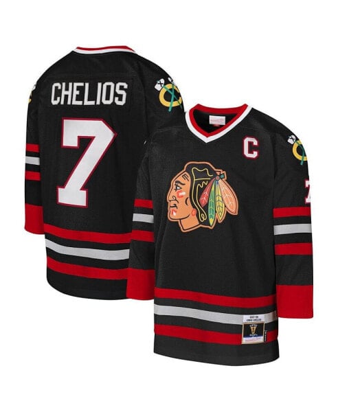 Mitchell Ness Youth Chris Chelios Black Chicago Blackhawks 1997-98 Blue Line Captain Patch Player Jersey