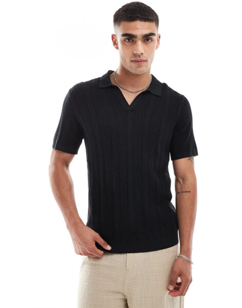 Abercrombie & Fitch stitch texture stripe open collar knit polo in black