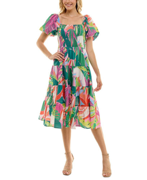 Juniors' Printed Tiered Puff-Sleeve Dress