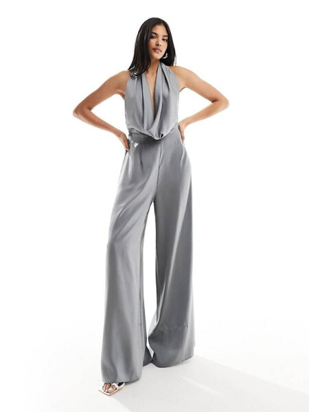 ASOS DESIGN satin cowl neck halter jumpsuit in silver 