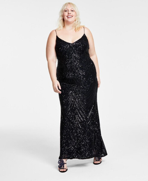 Trendy Plus Size Sequined V-Neck Sleeveless Gown