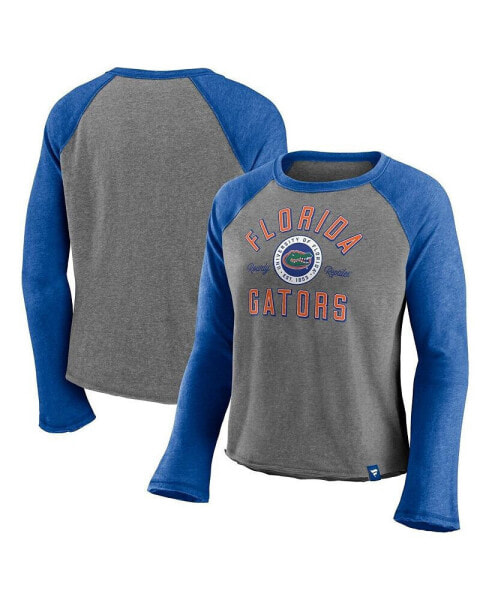 Women's Heathered Gray and Heathered Royal Florida Gators Competitive Edge Cropped Raglan Long Sleeve T-shirt