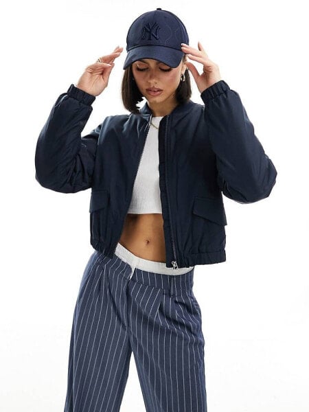 JDY cropped padded bomber jacket in navy 