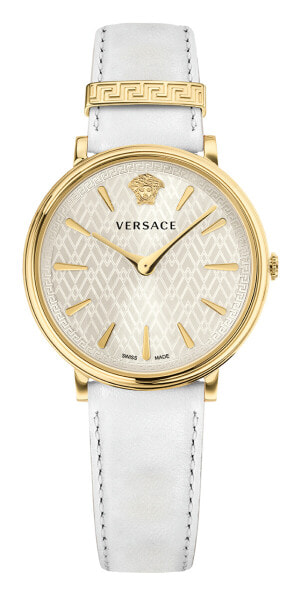 Versace V Circle Damenuhr Weißes Zifferblatt Leder Gold Stahl 38mm VE8100319