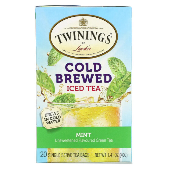 Twinings, холодный чай со льдом, несладкий зеленый чай, вкус мяты, 20 индивидуальных чайных пакетиков, 40 г (1,41 унции)