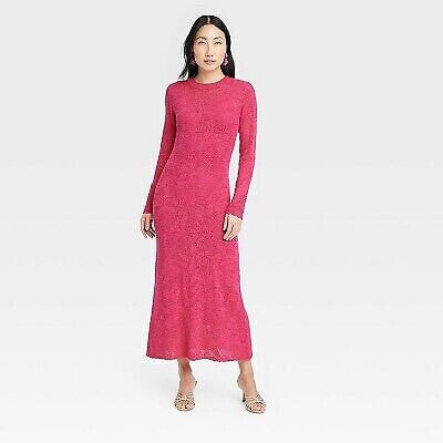 Women's Long Sleeve Maxi Pointelle Dress - A New Day Pink XL