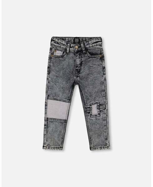 Baby Boy French Terry Black Denim Pants With Contrasting Patch - Infant