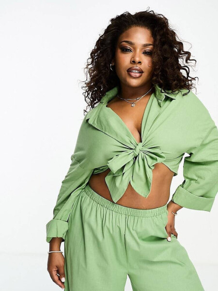 Esmee Plus beach loose fit tie front shirt co-ord in sage green