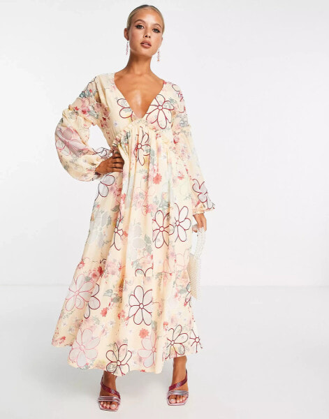 ASOS DESIGN plunge neck all over floral embroidered maxi dress