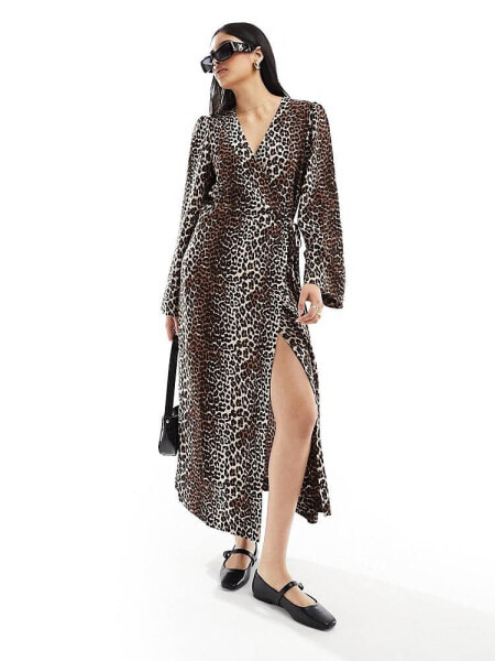 Pieces wide sleeve wrap midi dress in leopard print