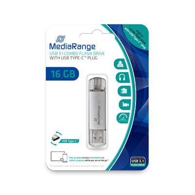 MEDIARANGE MR935, 16 GB, USB Type-A / USB Type-C, 3.2 Gen 1 (3.1 Gen 1), 70 MB/s, Cap, Silver