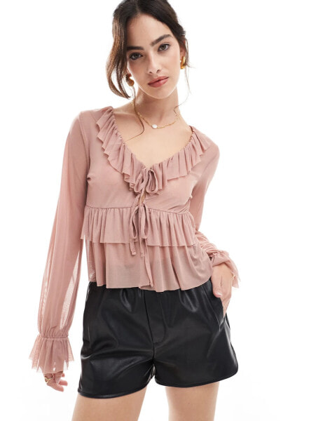 Miss Selfridge frill detail long sleeve blouse in blush