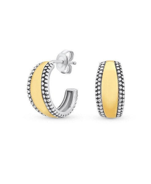 Lightweight Dome Round Caviar Bead Edge Two Tone Stud Hoop Earrings For Women Teen Gold Plated .925 Sterling Silver .70 Inch Diameter