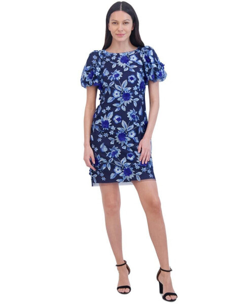 Women's Floral Embroidered Puff-Sleeve Sheath Dress